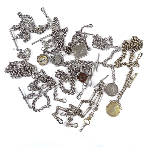 431 - 9 various silver Albert chains, some with fobs, T-bars and dog clips, 400g total (9)