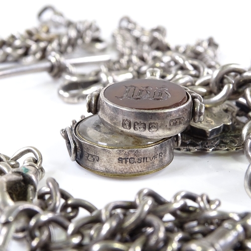 431 - 9 various silver Albert chains, some with fobs, T-bars and dog clips, 400g total (9)