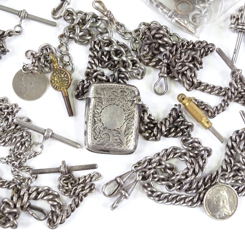 432 - 9 silver Albert chains, some with fobs, Vesta case, T-bars and dog clips, 297g total (9)