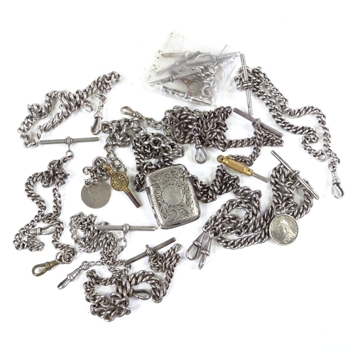 432 - 9 silver Albert chains, some with fobs, Vesta case, T-bars and dog clips, 297g total (9)