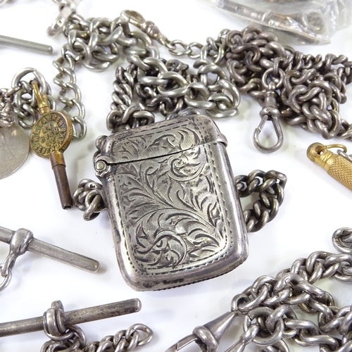 432 - 9 silver Albert chains, some with fobs, Vesta case, T-bars and dog clips, 297g total (9)