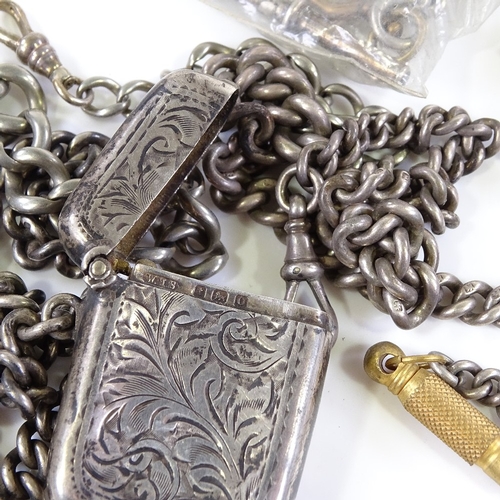 432 - 9 silver Albert chains, some with fobs, Vesta case, T-bars and dog clips, 297g total (9)