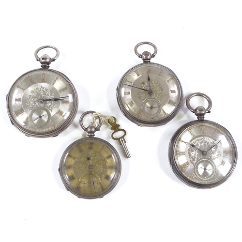 433 - 4 19th century silver-cased open-face key-wind pocket watches, with applied gold Roman numeral hour ... 