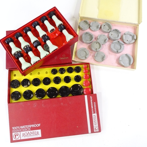 464 - HOROLOGY INTEREST - Omega crystal glass inserting/removing tool set (1 missing), watch holders, and ... 