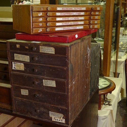 467 - HOROLOGY INTEREST - watchmaker's chest of drawers and contents, including parts, new old stock cases... 