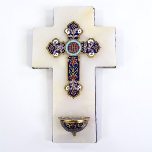 317 - A 19th century wall-mounted alabaster and brass cross, with brass and champleve enamel mounts, heigh... 