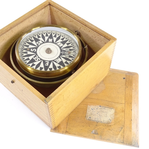 320 - An Edwardian brass-mounted ship's gimballed compass, dial marked 1910 Aspley Senior School Hemel Hem... 