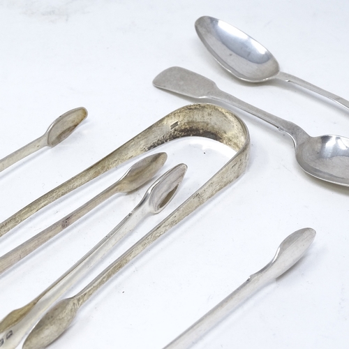 825 - Various silverware, including Georgian sugar tongs and teaspoons, 4oz total (5)