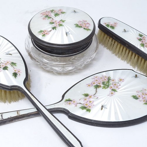 835 - A 4-piece silver and coloured enamel dressing table set, comprising powder jar, hand mirror and 2 br... 