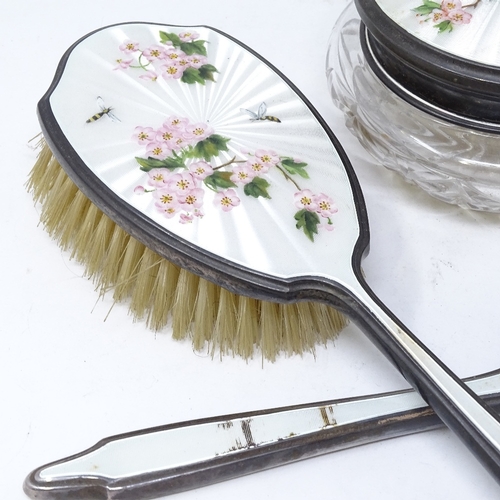 835 - A 4-piece silver and coloured enamel dressing table set, comprising powder jar, hand mirror and 2 br... 