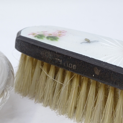 835 - A 4-piece silver and coloured enamel dressing table set, comprising powder jar, hand mirror and 2 br... 