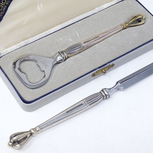 837 - A cased golden crown silver-handled bottle opener, length 14cm, and matching paper knife, by W S Sor... 