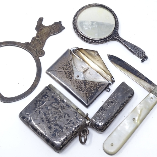 838 - Various silverware, including silver-fronted photo frame, chatelaine mirror, double stamp box etc (6... 