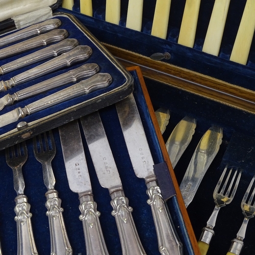 846 - 5 cased sets of silver and plated cutlery, including fish set, knives etc