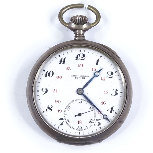 371 - ZENITH - a Continental silver-cased open-face top-wind pocket watch, white enamel dial with Deco Ara... 