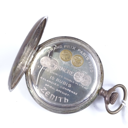 371 - ZENITH - a Continental silver-cased open-face top-wind pocket watch, white enamel dial with Deco Ara... 