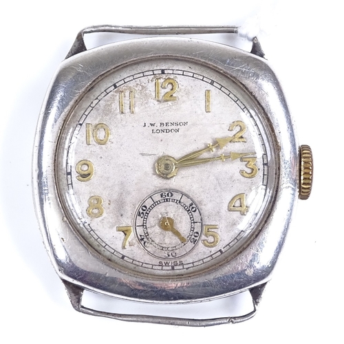 373 - J W BENSON - a silver cushion-cased mechanical wristwatch head, silvered dial with gilded Arabic num... 