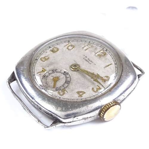 373 - J W BENSON - a silver cushion-cased mechanical wristwatch head, silvered dial with gilded Arabic num... 