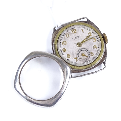 373 - J W BENSON - a silver cushion-cased mechanical wristwatch head, silvered dial with gilded Arabic num... 