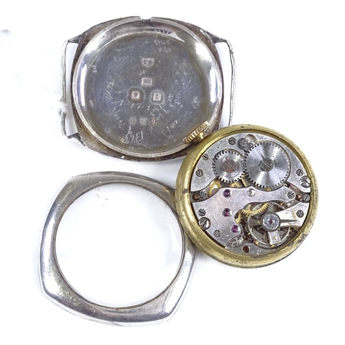 373 - J W BENSON - a silver cushion-cased mechanical wristwatch head, silvered dial with gilded Arabic num... 