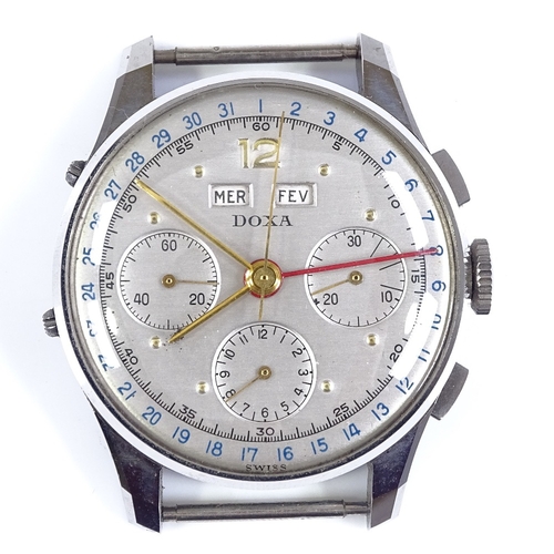 374 - DOXA - a stainless steel triple-calendar chronograph mechanical wristwatch, silvered dial with gilde... 