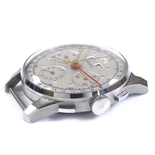 374 - DOXA - a stainless steel triple-calendar chronograph mechanical wristwatch, silvered dial with gilde... 