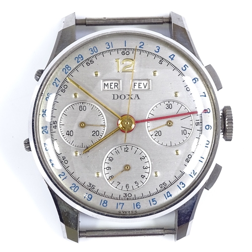 374 - DOXA - a stainless steel triple-calendar chronograph mechanical wristwatch, silvered dial with gilde... 