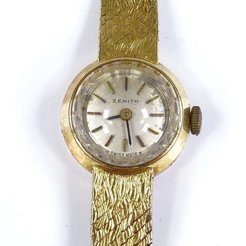 381 - ZENITH - a lady's 18ct gold mechanical wristwatch, silvered dial with baton hour markers, on 18ct te... 