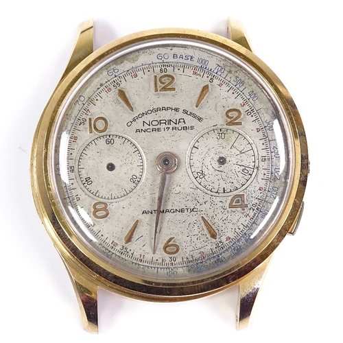 382 - NORINA - a gold plated chronograph mechanical wristwatch head, gilded Arabic numerals and 2 subsidia... 