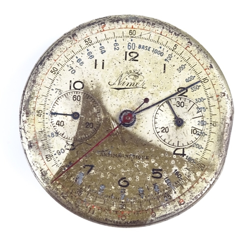 383 - NIMER - a Telemeter chronograph wristwatch movement, circa 1950s, Arabic numerals with tachymeter sc... 