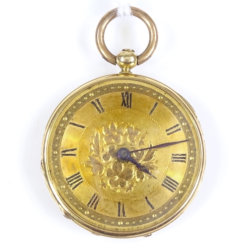 393 - A Swiss unmarked gold open-face key-wind fob watch, with detailed coloured enamel caseback, depictin... 