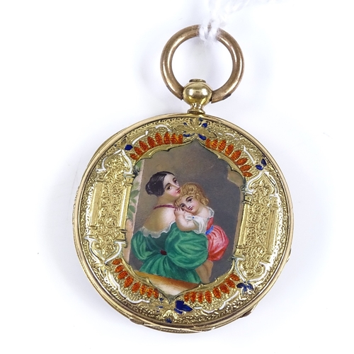 393 - A Swiss unmarked gold open-face key-wind fob watch, with detailed coloured enamel caseback, depictin... 