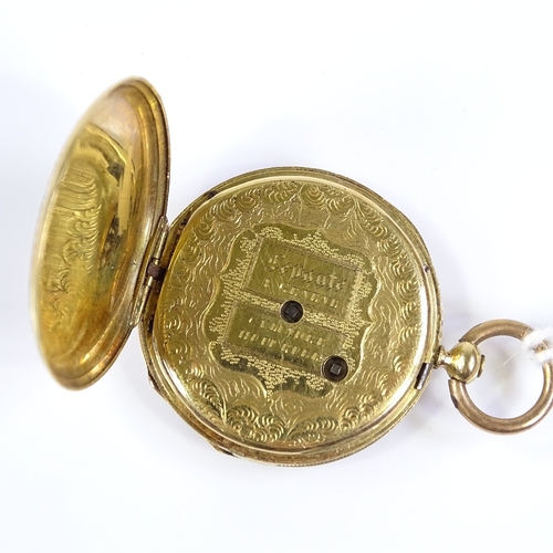 393 - A Swiss unmarked gold open-face key-wind fob watch, with detailed coloured enamel caseback, depictin... 