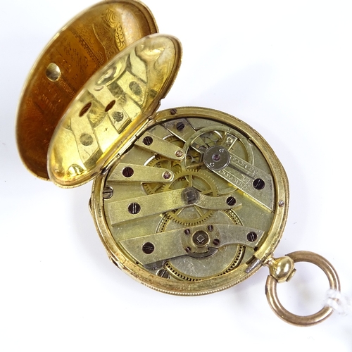 393 - A Swiss unmarked gold open-face key-wind fob watch, with detailed coloured enamel caseback, depictin... 