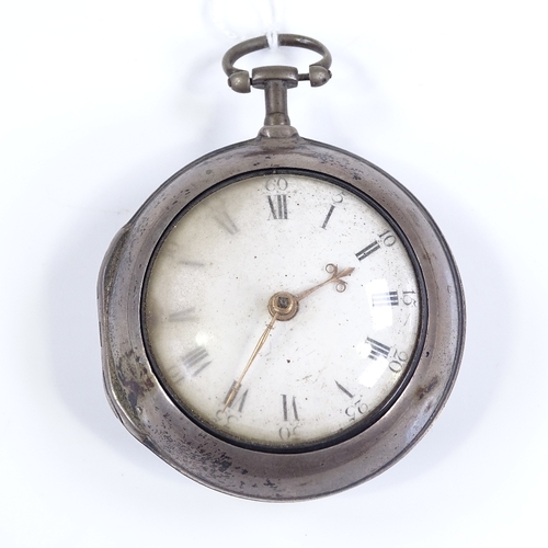 395 - An 18th century silver pair-cased key-wind Verge pocket watch, by C Clayton of London, white enamel ... 