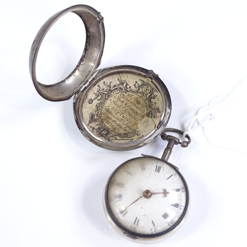 395 - An 18th century silver pair-cased key-wind Verge pocket watch, by C Clayton of London, white enamel ... 