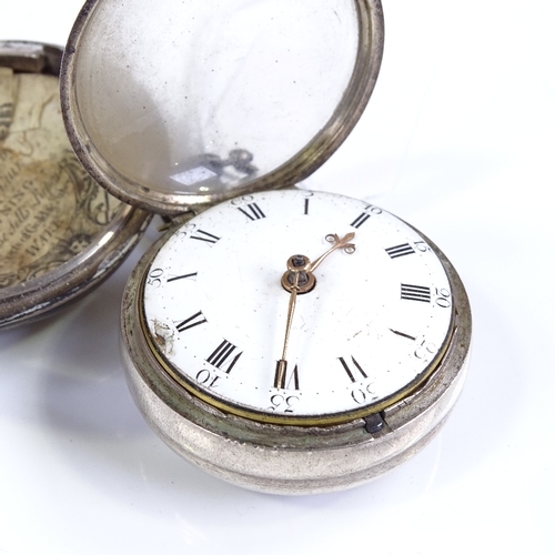 395 - An 18th century silver pair-cased key-wind Verge pocket watch, by C Clayton of London, white enamel ... 