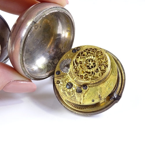 395 - An 18th century silver pair-cased key-wind Verge pocket watch, by C Clayton of London, white enamel ... 