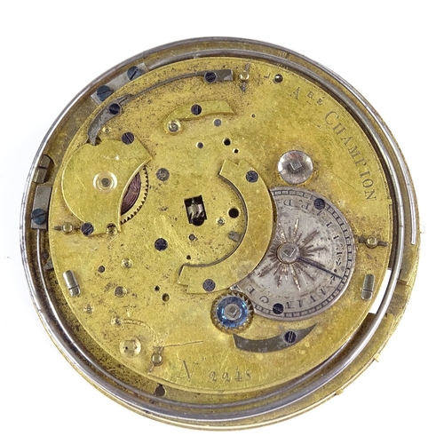 397 - A 19th century French Verge repeater partial pocket watch movement, by A Champion, no. 2248, diamete... 