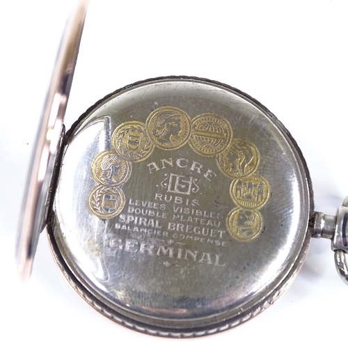 401 - A Continental silver niello open-face top-wind pocket watch, silvered dial with Deco Arabic numerals... 