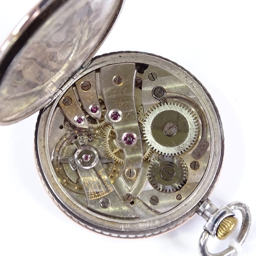 401 - A Continental silver niello open-face top-wind pocket watch, silvered dial with Deco Arabic numerals... 