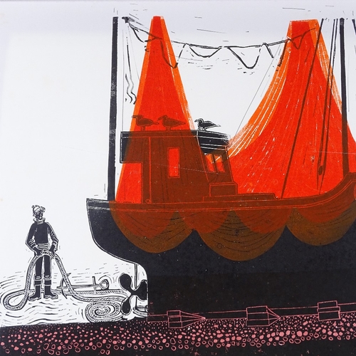 1008 - Robert Tavener, colour linocut, boat and red nets, signed in pencil, no. 4/10, image size 20