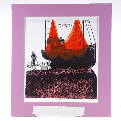 1008 - Robert Tavener, colour linocut, boat and red nets, signed in pencil, no. 4/10, image size 20