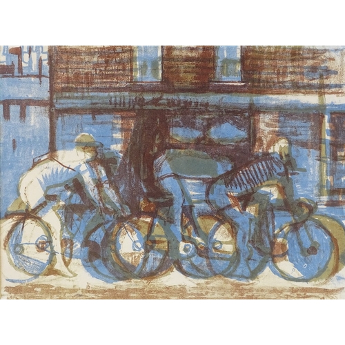 1019 - Mid-20th century linocut print, cyclists, unsigned, 13