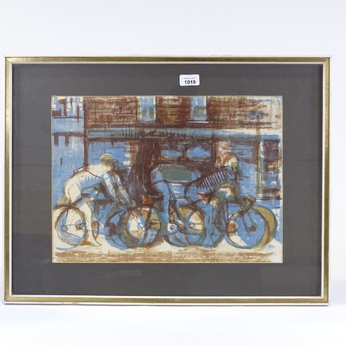 1019 - Mid-20th century linocut print, cyclists, unsigned, 13