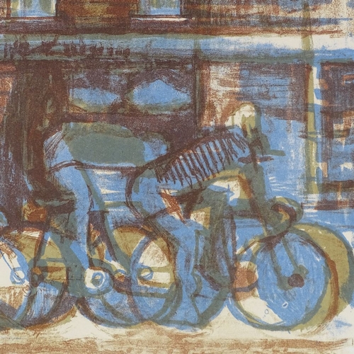 1019 - Mid-20th century linocut print, cyclists, unsigned, 13