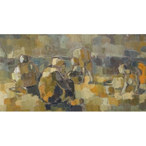 1026 - Mid-20th century oil on board, impressionist figures, unsigned, 14