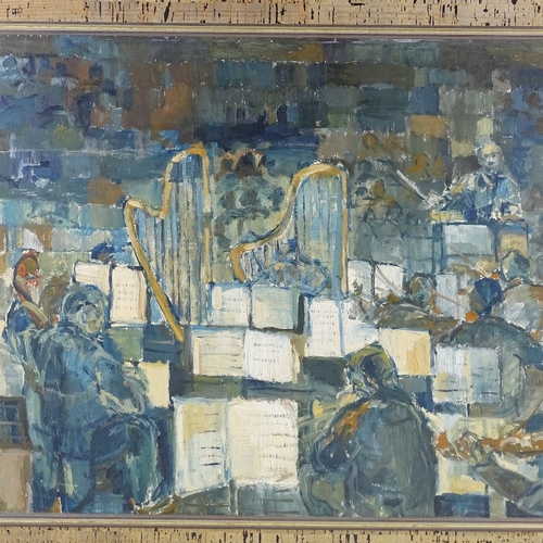 1027 - Wendy Yeo, oil on board, the orchestra, artist's label verso, 24