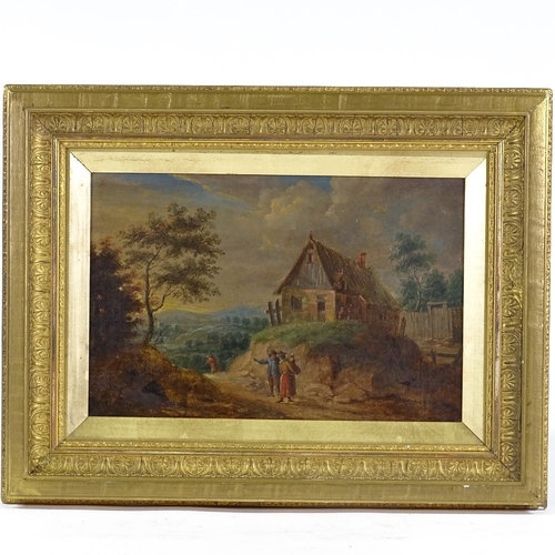 1030 - 19th century oil on panel, figures on a country land, unsigned, 9