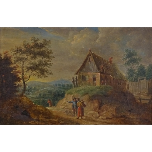 1030 - 19th century oil on panel, figures on a country land, unsigned, 9